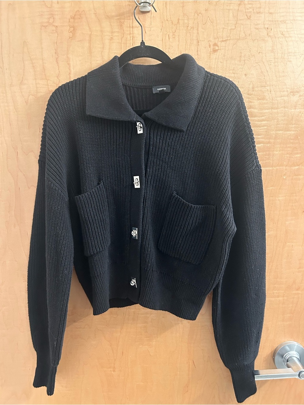 Express Black Knit Button-Front Sweater with Patch Pockets and metal buttons